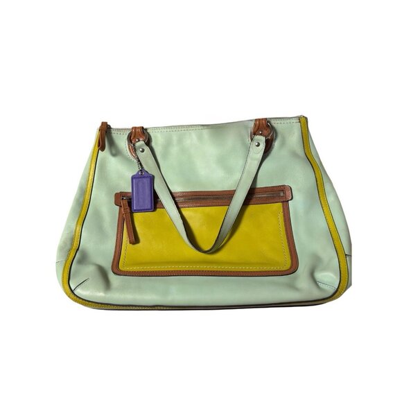 Coach Hallie Colorblock Tote Bag Aqua Blue Lime Green J1294-22430, Travel Work - Picture 1 of 6